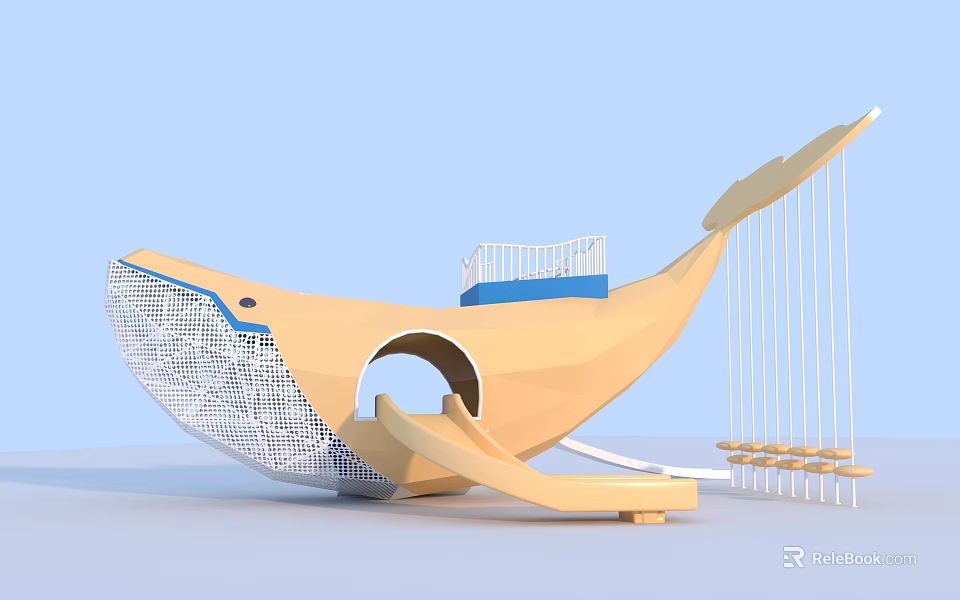 Whale Shaped Playground Equipment With Slide Platform Railings And String Like Structures 3d model 