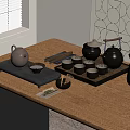 Minimalist Black Tea Set With Teapot Cups And Tray On Wooden Table