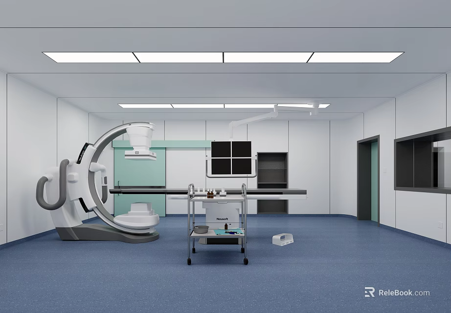 Modern Operating Room With Surgical Lights Operating Table Medical Equipment White Walls And Blue Flooring 3d model 