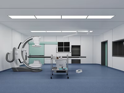 Modern Operating Room With Surgical Lights Operating Table Medical Equipment White Walls And Blue Flooring 3d model