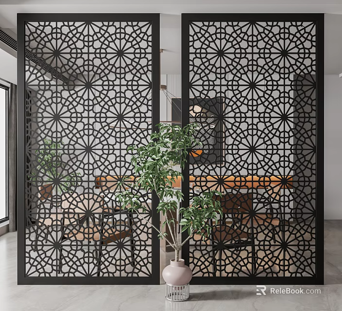 Black Metal Room Divider With Geometric Laser Cut Pattern In Living Room Interior 3d model 