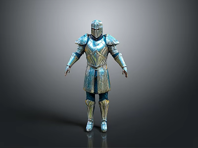 Detailed Medieval Knight Armor With Shiny Metallic Silver And Blue Helmet Chest Plate Standing Pose 3d model