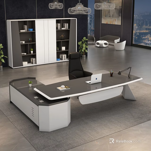 Modern Office Interior With Executive Desk Laptop Black Chair Green Plants And City View 3d model 