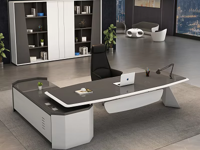 Modern Office Interior With Executive Desk Laptop Black Chair Green Plants And City View 3d model