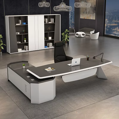 Modern Office Interior With Executive Desk Laptop Black Chair Green Plants And City View 3d model