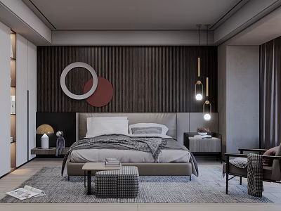 Modern Bedroom Interior Design With Wooden Striped Wall Circular Art And Pendant Lights 3d model