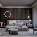 Modern Bedroom Interior Design With Wooden Striped Wall Circular Art And Pendant Lights