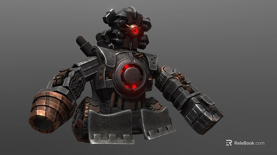 Mechanical Sci Fi Robot Character Featuring Red Glowing Eyes And Heavy Metal Armor Structure 3d model