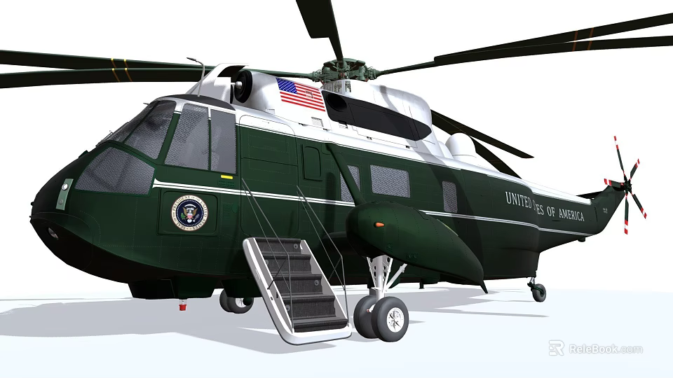 Green United States Presidential Helicopter With American Flag And Staircase Emblem 3d model 