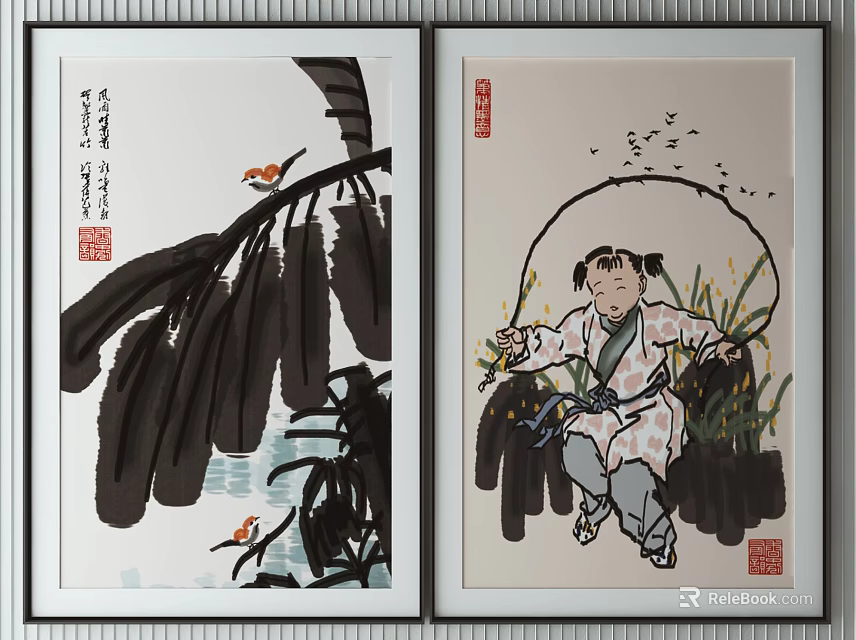 Traditional Chinese Ink Paintings with Banana Leaves Birds Child on Swing Reeds and Seals 3d model 