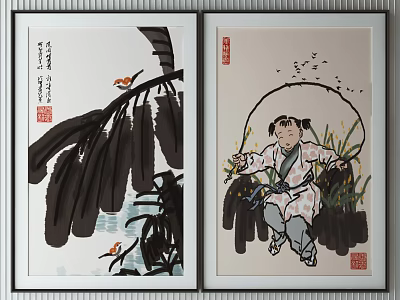 Traditional Chinese Ink Paintings with Banana Leaves Birds Child on Swing Reeds and Seals 3d model