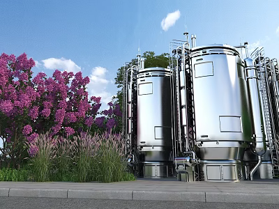 Garden Landscape Featuring Purple Flowers Stainless Steel Tanks Greenery Blue Sky And White Clouds 3d model