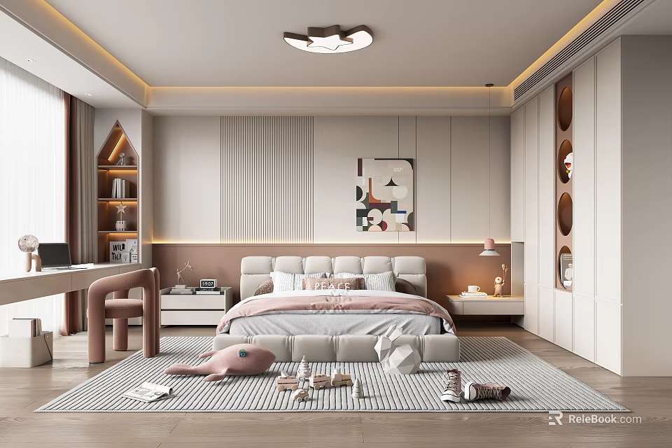 Cozy Modern Kids Room Interior With Pink Bed Desk Chair Bookshelf Decorative Painting And Toys 3d model 