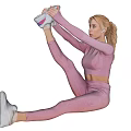 Woman in pink sportswear stretching leg while sitting on floor wearing earphones and white sneakers 3d model