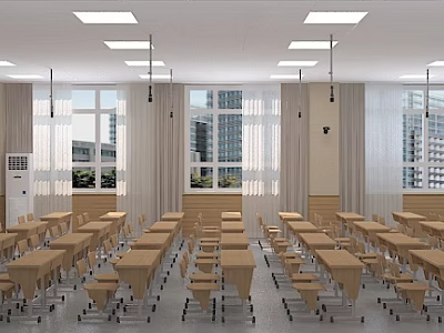 Spacious School Classroom Interior With Neatly Arranged Wooden Desks And Bright Ceiling Lights 3d model