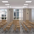 Spacious School Classroom Interior With Neatly Arranged Wooden Desks And Bright Ceiling Lights