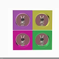 Colorful Decorative Ornament Set Featuring Rabbit Figurines in Astronaut Helmets and Square Frames