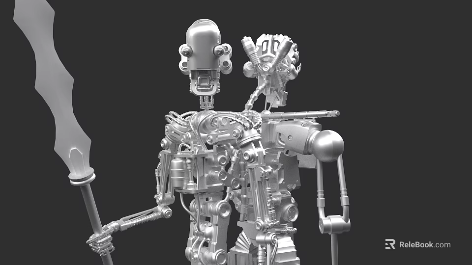Two Robots with Complex Mechanical Structures One Holding Spear Like Object Metallic Texture on Gray Background 3d model 