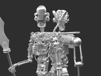 Two Robots with Complex Mechanical Structures One Holding Spear Like Object Metallic Texture on Gray Background 3d model