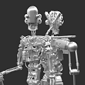 Two Robots with Complex Mechanical Structures One Holding Spear Like Object Metallic Texture on Gray Background