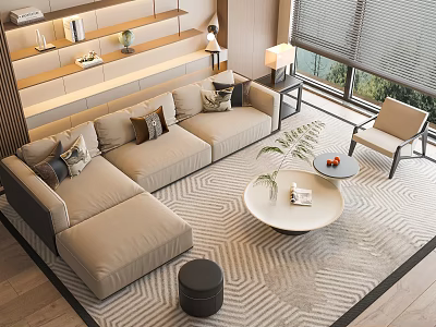 Modern Beige L Shaped Sofa Round Coffee Table Set With Geometric Rug Decorative Pillows 3d model