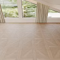 Parquet Wooden Floor Geometric Pattern Design In Bright Room With Large Windows And Curtains