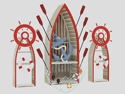 Nautical Themed Hanging Decor with Ship Wheels Oars Anchor and Lifebuoys in Decorative Frame 3d model