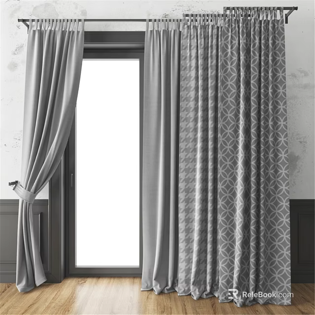 Elegant Gray Draped Curtains With Geometric Pattern For Window Interior 3d model 