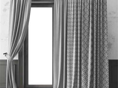 Elegant Gray Draped Curtains With Geometric Pattern For Window Interior 3d model