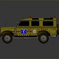 Yellow Emergency Ambulance Vehicle With Red Lights And Blue Medical Cross