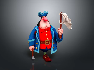 Cartoon Pirate Man In Blue Hat Blue Coat Red Shirt Holding White Flag And Cane 3d model