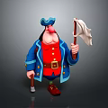 Cartoon Pirate Man In Blue Hat Blue Coat Red Shirt Holding White Flag And Cane