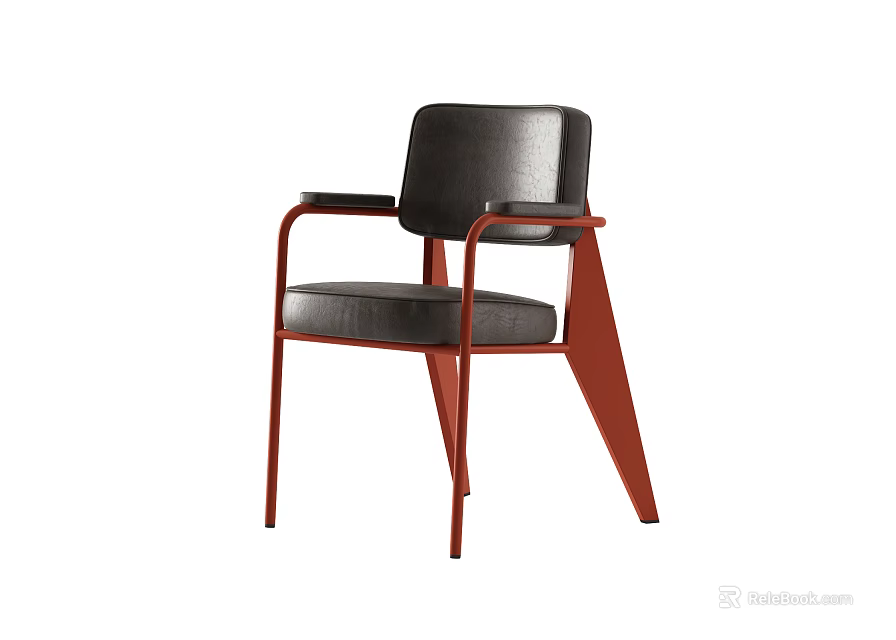 Modern Leisure Chair With Black Leather Backrest Seat And Red Metal Armrests Legs 3d model 
