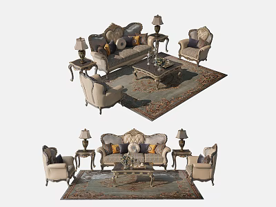 Elegant Sofa And Coffee Table Set With Armchairs Side Tables Lamps And Decorative Pillows 3d model