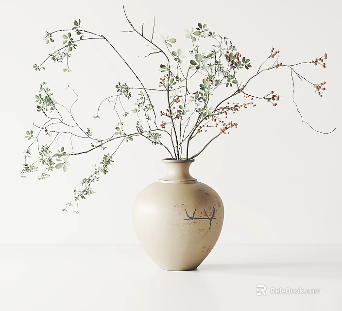 Beige Ceramic Vase With Green Leafy Branches And Small Red Berries Modern Minimalist Interior Decor 3d model 