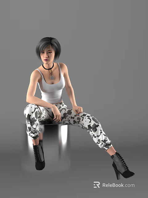 Young Woman In White Tank Top And Camo Pants With Necklace Sitting On Metallic Seat 3d model 