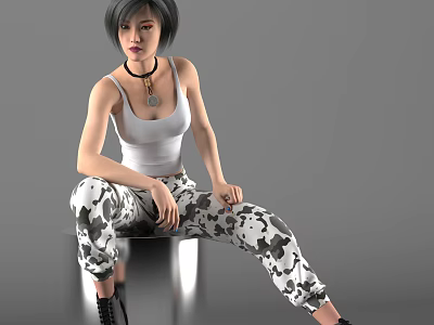 Young Woman In White Tank Top And Camo Pants With Necklace Sitting On Metallic Seat 3d model
