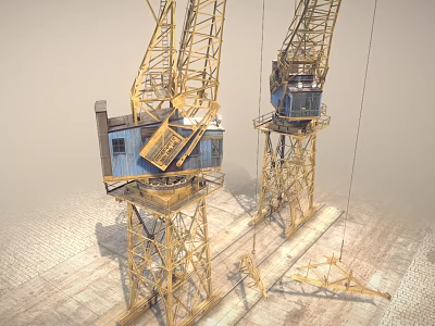 Yellow Tower Cranes Standing Tall on Construction Site Ground With Metal Frames 3d model