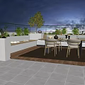 Rooftop Garden Design With Outdoor Dining Table Chairs Plants And Lighting