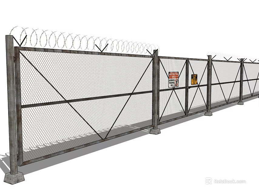 Industrial Chain Link Fence With Barbed Wire And Warning Signs 3d model 
