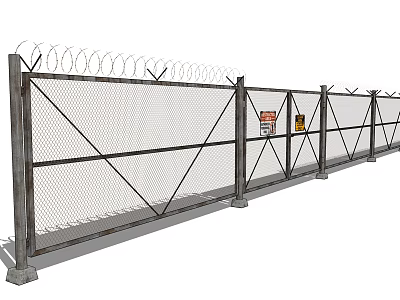 Industrial Chain Link Fence With Barbed Wire And Warning Signs 3d model