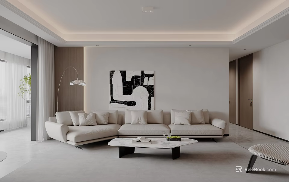 Modern Living Room Interior With Light Colored Sofa Coffee Table Decorative Artwork And Soft Lighting 3d model 