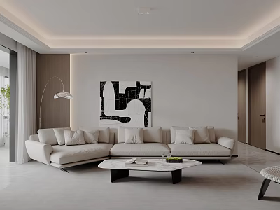 Modern Living Room Interior With Light Colored Sofa Coffee Table Decorative Artwork And Soft Lighting 3d model