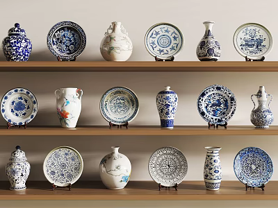 Decorative Blue and White Ceramic Wares Displayed on Wooden Shelves 3d model