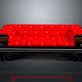 Red Multi Seat Sofa With White Polka Dots Tufted Diamond Pattern And Ornate Black Frame