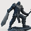 Detailed Armored Warrior Sculpture Holding Sword and Spiked Mace on Skull Base
