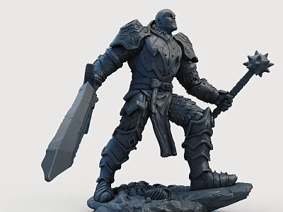 Detailed Armored Warrior Sculpture Holding Sword and Spiked Mace on Skull Base 3d model