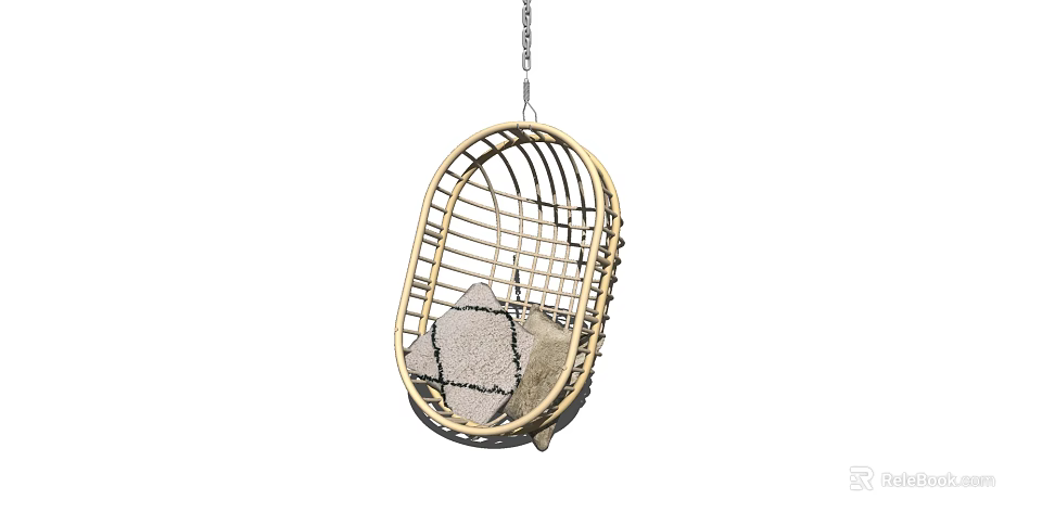 Stylish Rattan Hanging Chair With Metal Chain And Geometric Pattern Cushion 3d model 