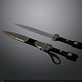 Decorative Weapon Ornate Knives With Patterned Blades Black Handles And Silver Accent Sheaths