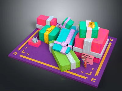 Colorful Gift Boxes Stacked On Purple Mat With Colorful Ribbons And Tags 3d model